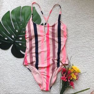Pink Striped One Piece Open Back Swimsuit
